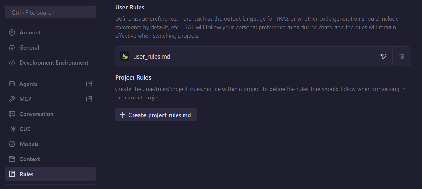 TRAE Rules Configuration